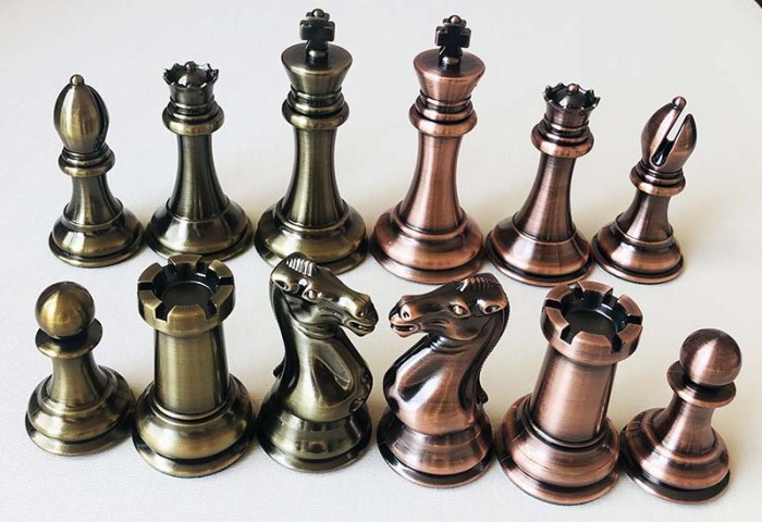 Copper & Brass Satin Finish Chess Set - 4X Weight, 4.25 in. King