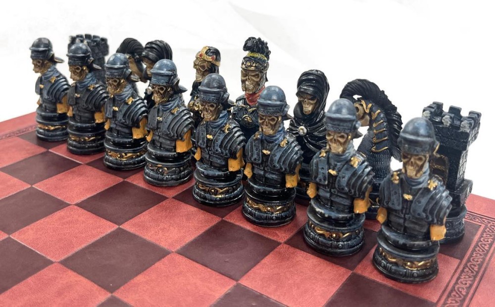 The  Skull Theme Resin Chess Pieces w/ Leather Board