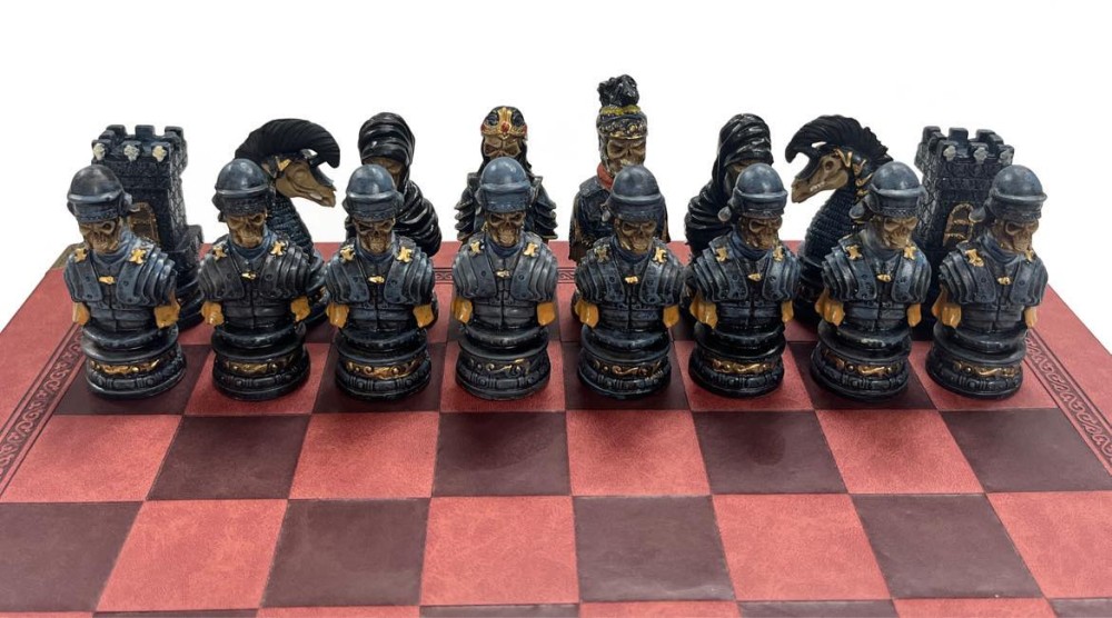 The  Skull Theme Resin Chess Pieces w/ Leather Board