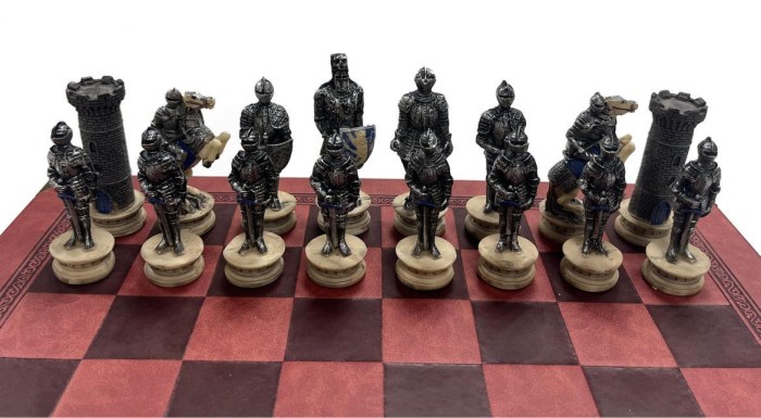 The Medieval Knight Resin Theme Chess Pieces w Leather Board
