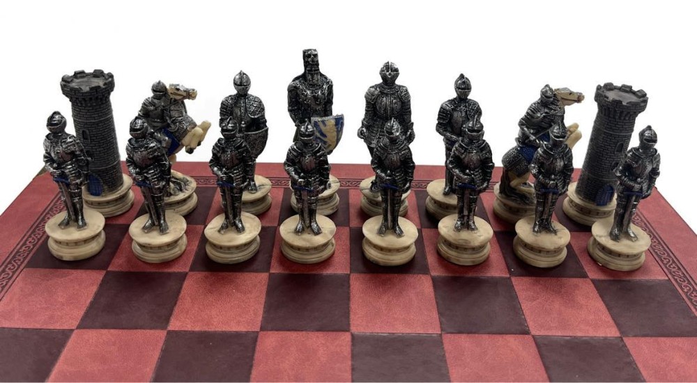 The Medieval Knight Resin Theme Chess Pieces w Leather Board