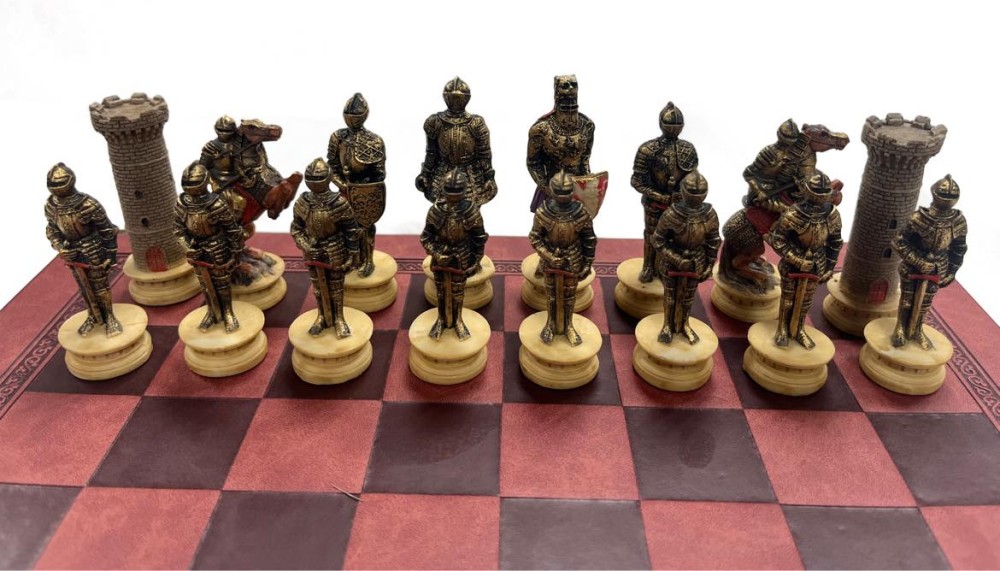 The Medieval Knight Resin Theme Chess Pieces w Leather Board