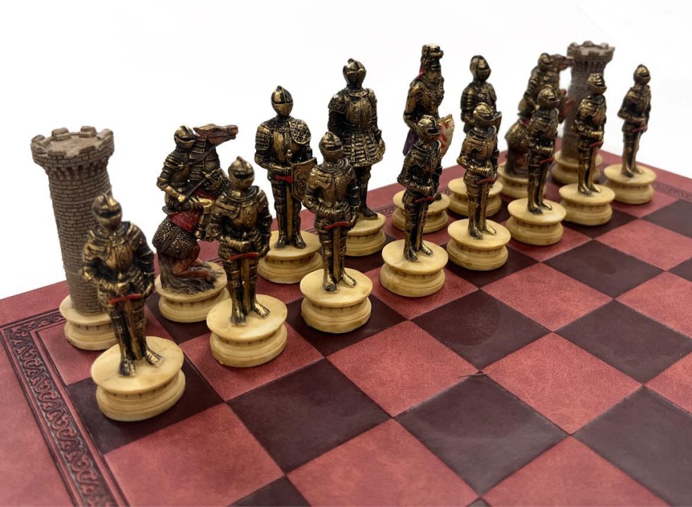 The Medieval Knight Resin Theme Chess Pieces w Leather Board