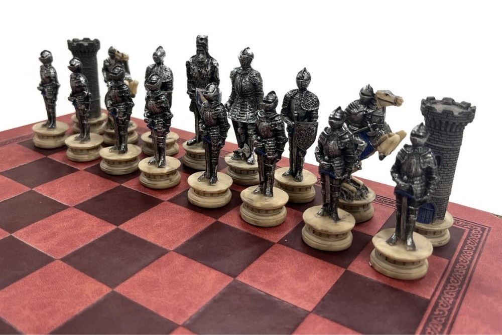 The Medieval Knight Resin Theme Chess Pieces w Leather Board