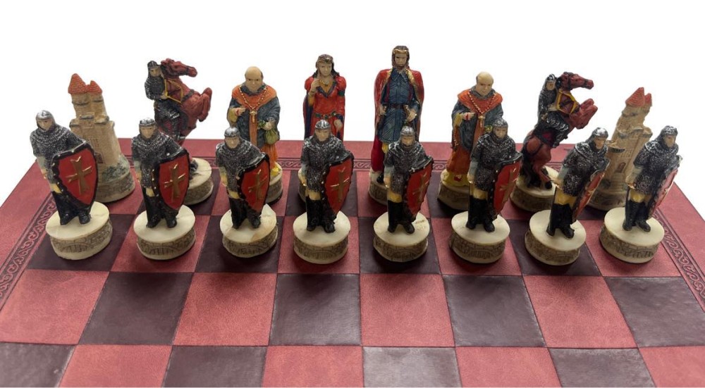 The  Robin Hood Resin Theme Chess Pieces w Leather Board