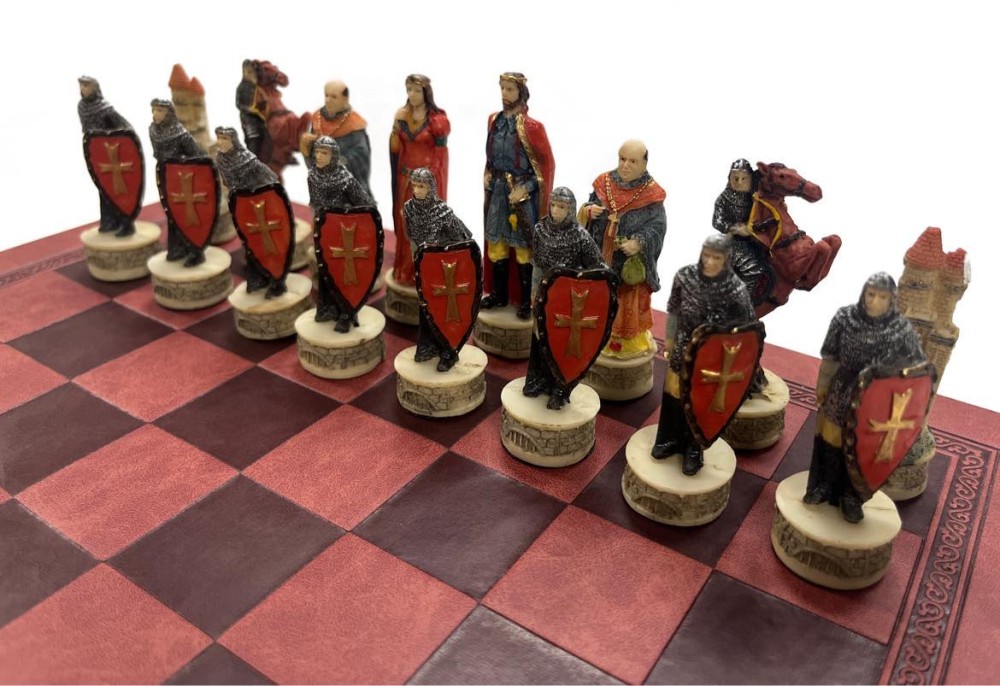 The  Robin Hood Resin Theme Chess Pieces w Leather Board