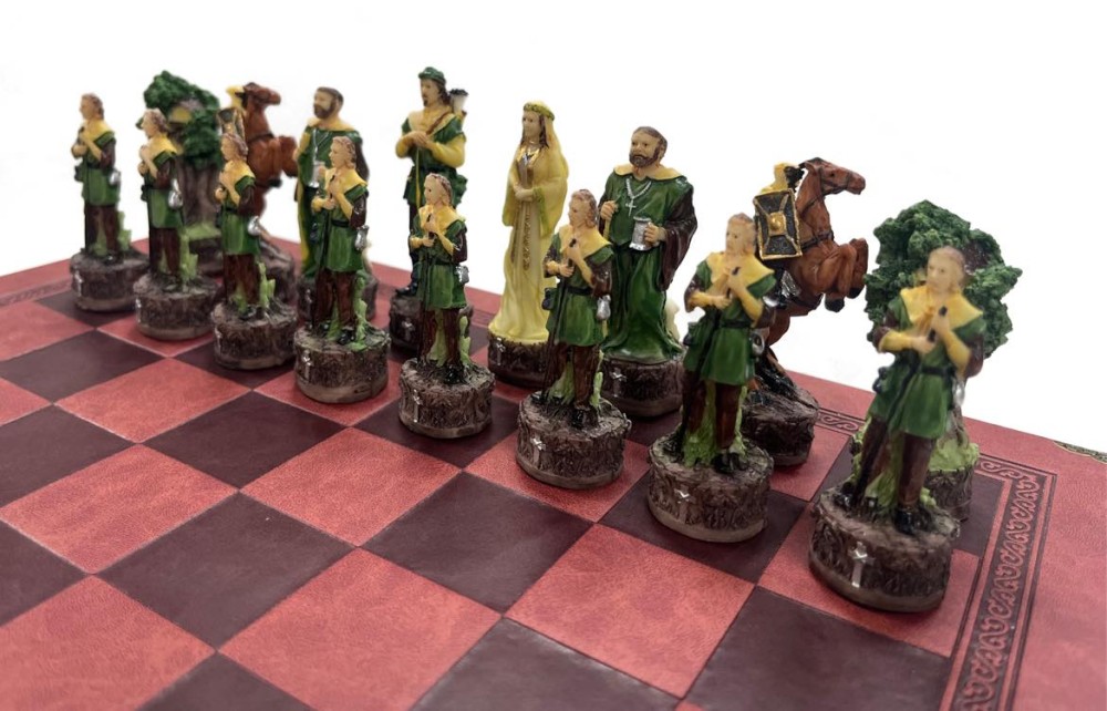 The  Robin Hood Resin Theme Chess Pieces w Leather Board