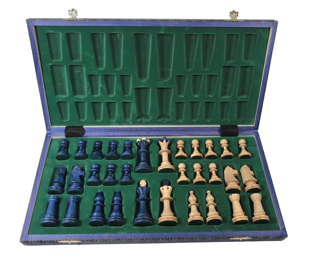 19" Consul Blue Chess Set - Folding Wood Board - 3 1/2" King